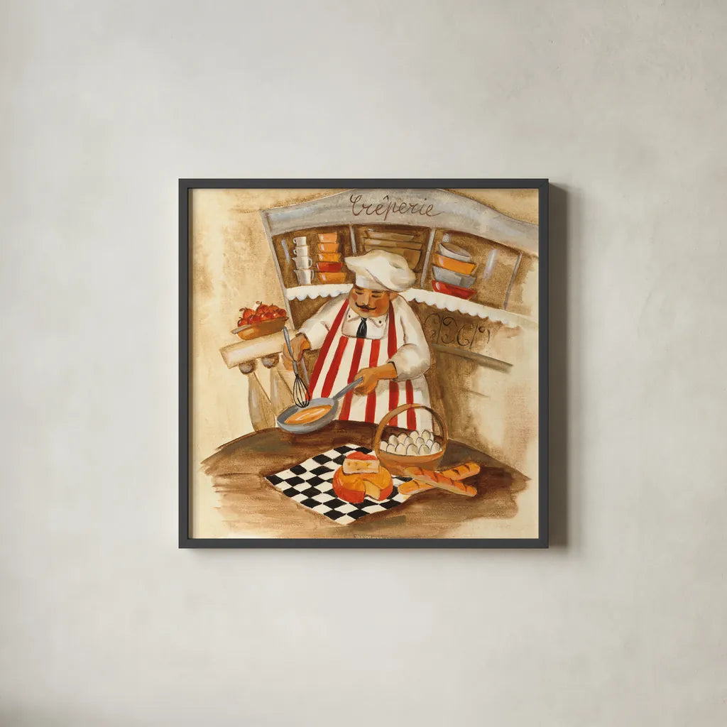 Creperie by Silvia Vassileva. Shown in a sleek black glass frame for a contemporary gallery look. Available as an archival giclee rolled canvas, fine art paper, or poster print. SKU 49549a.