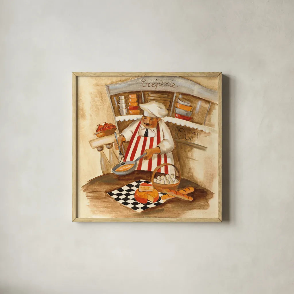 Creperie by Silvia Vassileva. Shown in a natural wood glass frame for a timeless modern aesthetic. Available as an archival giclee rolled canvas, fine art paper, or poster print. SKU 49549a.