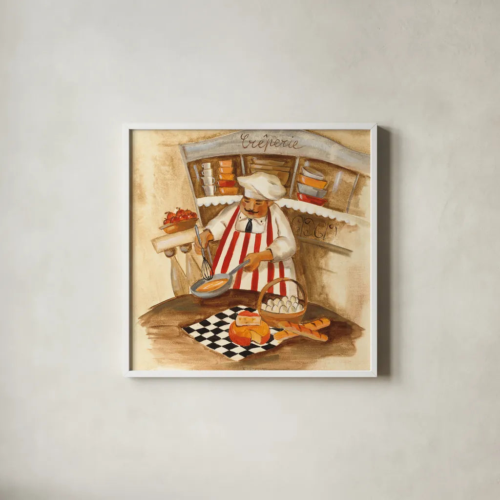 Creperie by Silvia Vassileva. Shown in a crisp white glass frame for a clean and minimalist style. Available as an archival giclee rolled canvas, fine art paper, or poster print. SKU 49549a.