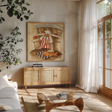 Creperie by Silvia Vassileva. Shown in a natural wood frame in a cozy modern living room. Available as an archival giclee rolled canvas, fine art paper, or poster print. SKU 49549a.