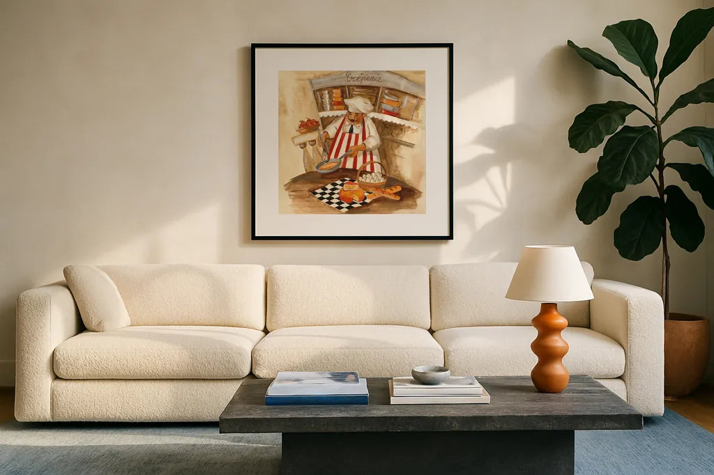 Creperie by Silvia Vassileva. Displayed in a glass frame with matte in a clean modern living room. Available as an archival giclee rolled canvas, fine art paper, or poster print. SKU 49549a.
