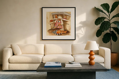 Creperie by Silvia Vassileva. Displayed in a glass frame with matte in a clean modern living room. Available as an archival giclee rolled canvas, fine art paper, or poster print. SKU 49549a.