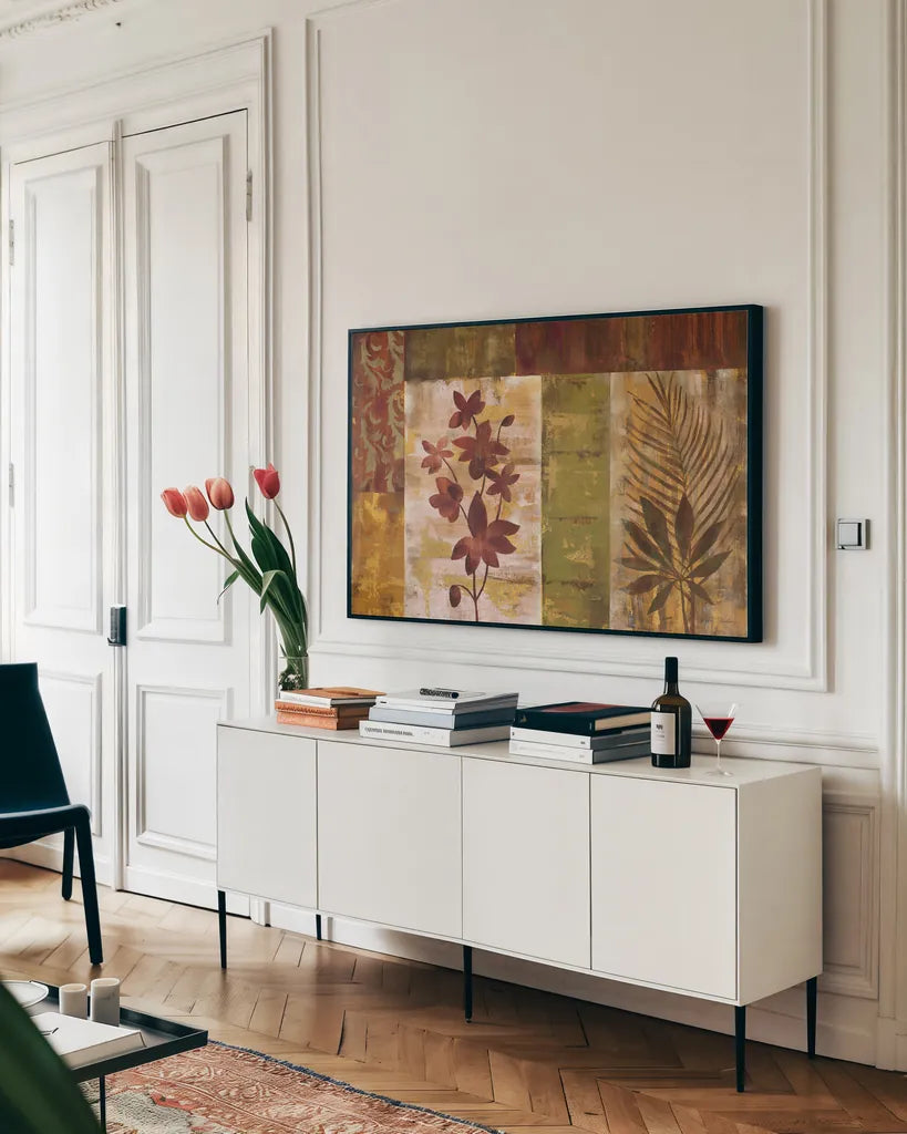 Crimson Orchid and Fern by Silvia Vassileva. shown as a framed stretched canvas in a living room above a console. Available as a archival giclee rolled canvas, fine art paper, or poster print. SKU 3811i.