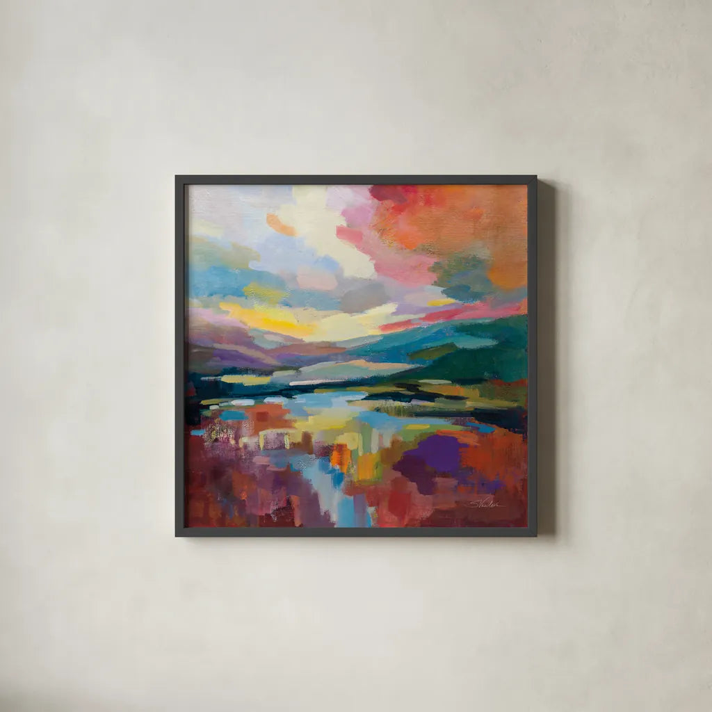 Crimson Sky by Silvia Vassileva. Shown in a sleek black glass frame for a contemporary gallery look. Available as an archival giclee rolled canvas, fine art paper, or poster print. SKU 83096a.