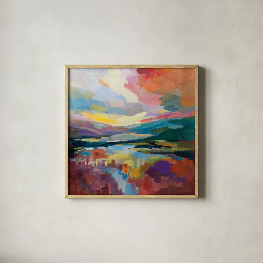 Crimson Sky by Silvia Vassileva. Shown in a natural wood glass frame for a timeless modern aesthetic. Available as an archival giclee rolled canvas, fine art paper, or poster print. SKU 83096a.