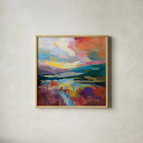 Crimson Sky by Silvia Vassileva. Shown in a natural wood glass frame for a timeless modern aesthetic. Available as an archival giclee rolled canvas, fine art paper, or poster print. SKU 83096a.