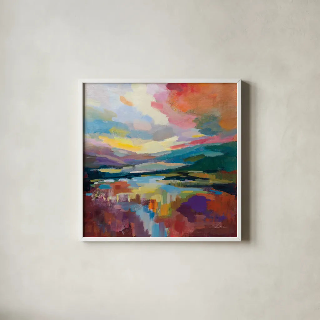 Crimson Sky by Silvia Vassileva. Shown in a crisp white glass frame for a clean and minimalist style. Available as an archival giclee rolled canvas, fine art paper, or poster print. SKU 83096a.