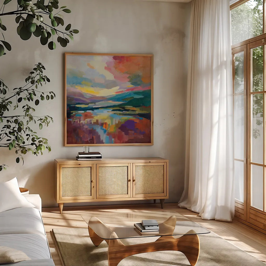 Crimson Sky by Silvia Vassileva. Shown in a natural wood frame in a cozy modern living room. Available as an archival giclee rolled canvas, fine art paper, or poster print. SKU 83096a.