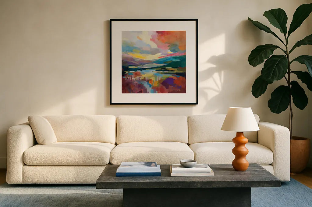 Crimson Sky by Silvia Vassileva. Displayed in a glass frame with matte in a clean modern living room. Available as an archival giclee rolled canvas, fine art paper, or poster print. SKU 83096a.