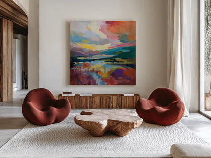 Crimson Sky by Silvia Vassileva. Shown as extra-large giant wall art in a modern living room. Available as an archival giclee rolled canvas, fine art paper, or poster print. SKU 83096a.
