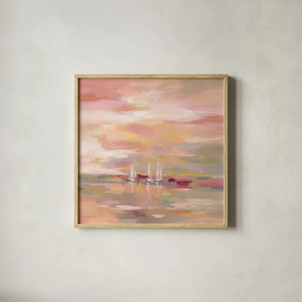 Crimson Waves by Silvia Vassileva. Shown in a natural wood glass frame for a timeless modern aesthetic. Available as an archival giclee rolled canvas, fine art paper, or poster print. SKU 38246a.
