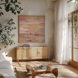 Crimson Waves by Silvia Vassileva. Shown in a natural wood frame in a cozy modern living room. Available as an archival giclee rolled canvas, fine art paper, or poster print. SKU 38246a.