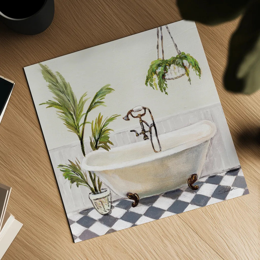 Crisp Cottage Bathroom I by Silvia Vassileva. Shown as a detailed flat fine art print, highlighting archival giclee quality. Available as an archival giclee rolled canvas, fine art paper, or poster print. SKU 82837a.