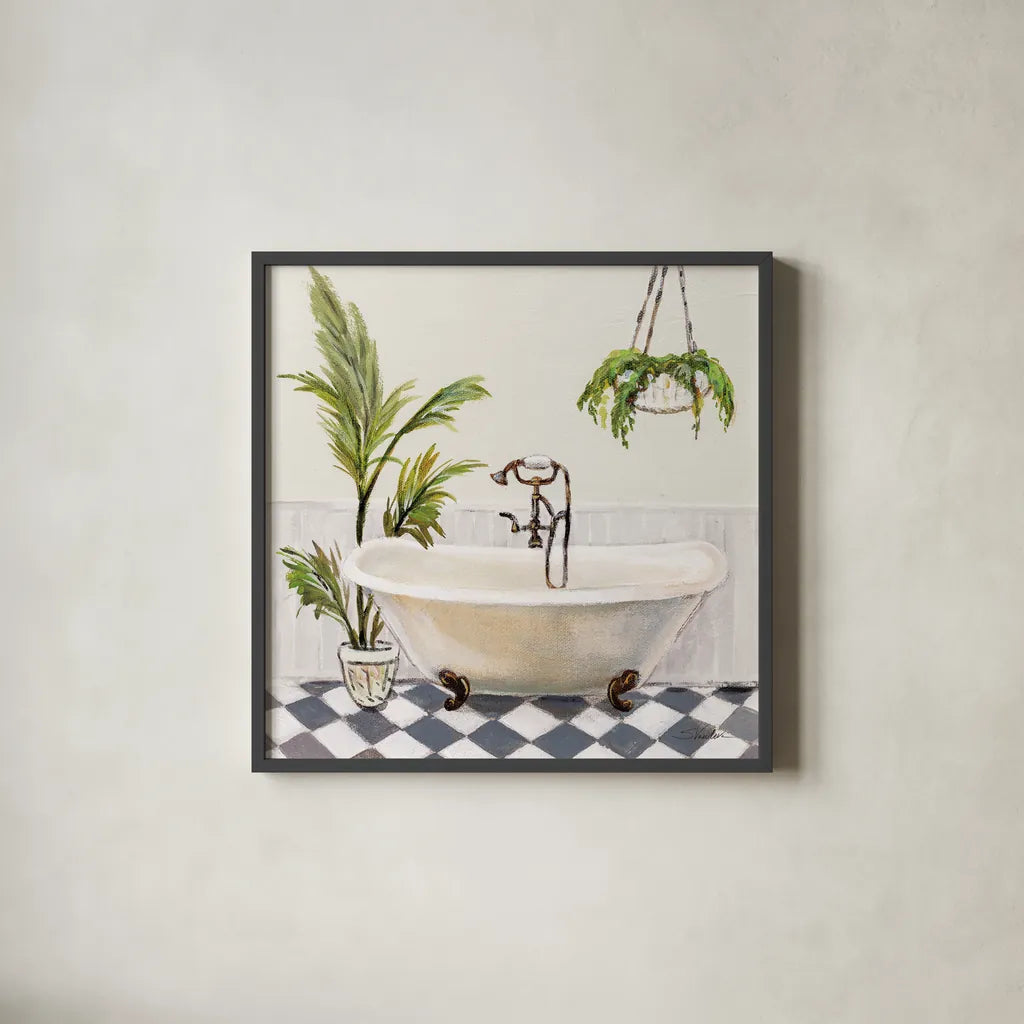 Crisp Cottage Bathroom I by Silvia Vassileva. Shown in a sleek black glass frame for a contemporary gallery look. Available as an archival giclee rolled canvas, fine art paper, or poster print. SKU 82837a.