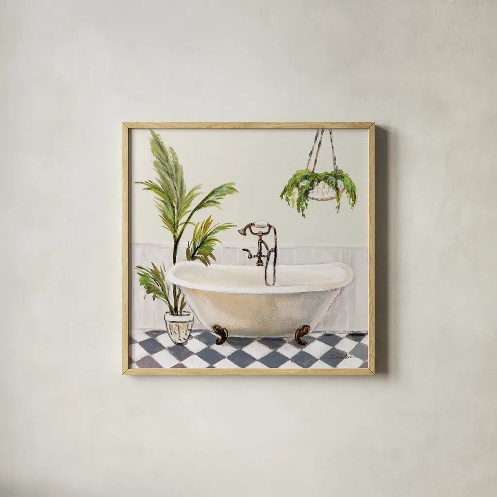 Crisp Cottage Bathroom I by Silvia Vassileva. Shown in a natural wood glass frame for a timeless modern aesthetic. Available as an archival giclee rolled canvas, fine art paper, or poster print. SKU 82837a.