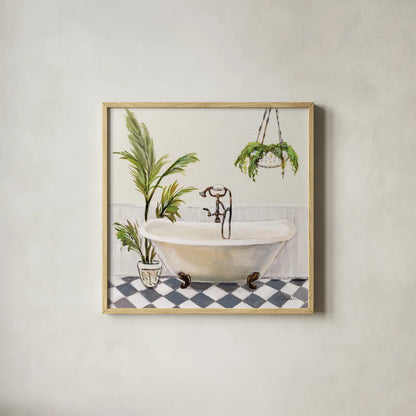 Crisp Cottage Bathroom I by Silvia Vassileva. Shown in a natural wood glass frame for a timeless modern aesthetic. Available as an archival giclee rolled canvas, fine art paper, or poster print. SKU 82837a.