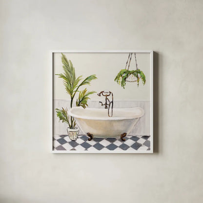 Crisp Cottage Bathroom I by Silvia Vassileva. Shown in a crisp white glass frame for a clean and minimalist style. Available as an archival giclee rolled canvas, fine art paper, or poster print. SKU 82837a.