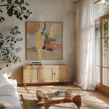 Crossing the River by Silvia Vassileva. Shown in a natural wood frame in a cozy modern living room. Available as an archival giclee rolled canvas, fine art paper, or poster print. SKU 87403a.