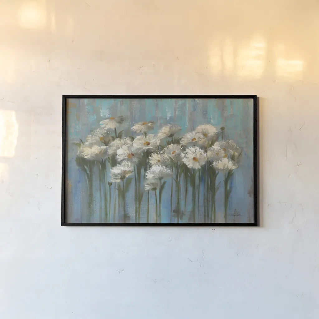 Daisies by the Lake by Silvia Vassileva. shown as a paper print in a black flame. Available as a archival giclee rolled canvas, fine art paper, or poster print. SKU 61012i.