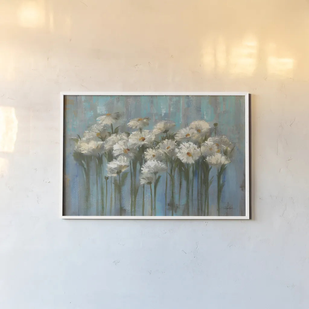 Daisies by the Lake by Silvia Vassileva. shown as a paper print in a white frame. Available as a archival giclee rolled canvas, fine art paper, or poster print. SKU 61012i.