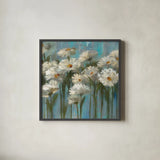 Daisies by the Lake Crop by Silvia Vassileva. Shown in a sleek black glass frame for a contemporary gallery look. Available as an archival giclee rolled canvas, fine art paper, or poster print. SKU 1034a.