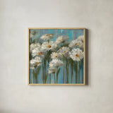 Daisies by the Lake Crop by Silvia Vassileva. Shown in a natural wood glass frame for a timeless modern aesthetic. Available as an archival giclee rolled canvas, fine art paper, or poster print. SKU 1034a.