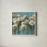 Daisies by the Lake Crop by Silvia Vassileva. Shown in a crisp white glass frame for a clean and minimalist style. Available as an archival giclee rolled canvas, fine art paper, or poster print. SKU 1034a.