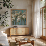 Daisies by the Lake Crop by Silvia Vassileva. Shown in a natural wood frame in a cozy modern living room. Available as an archival giclee rolled canvas, fine art paper, or poster print. SKU 1034a.