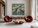 Daisies by the Lake Crop by Silvia Vassileva. Shown as extra-large giant wall art in a modern living room. Available as an archival giclee rolled canvas, fine art paper, or poster print. SKU 1034a.