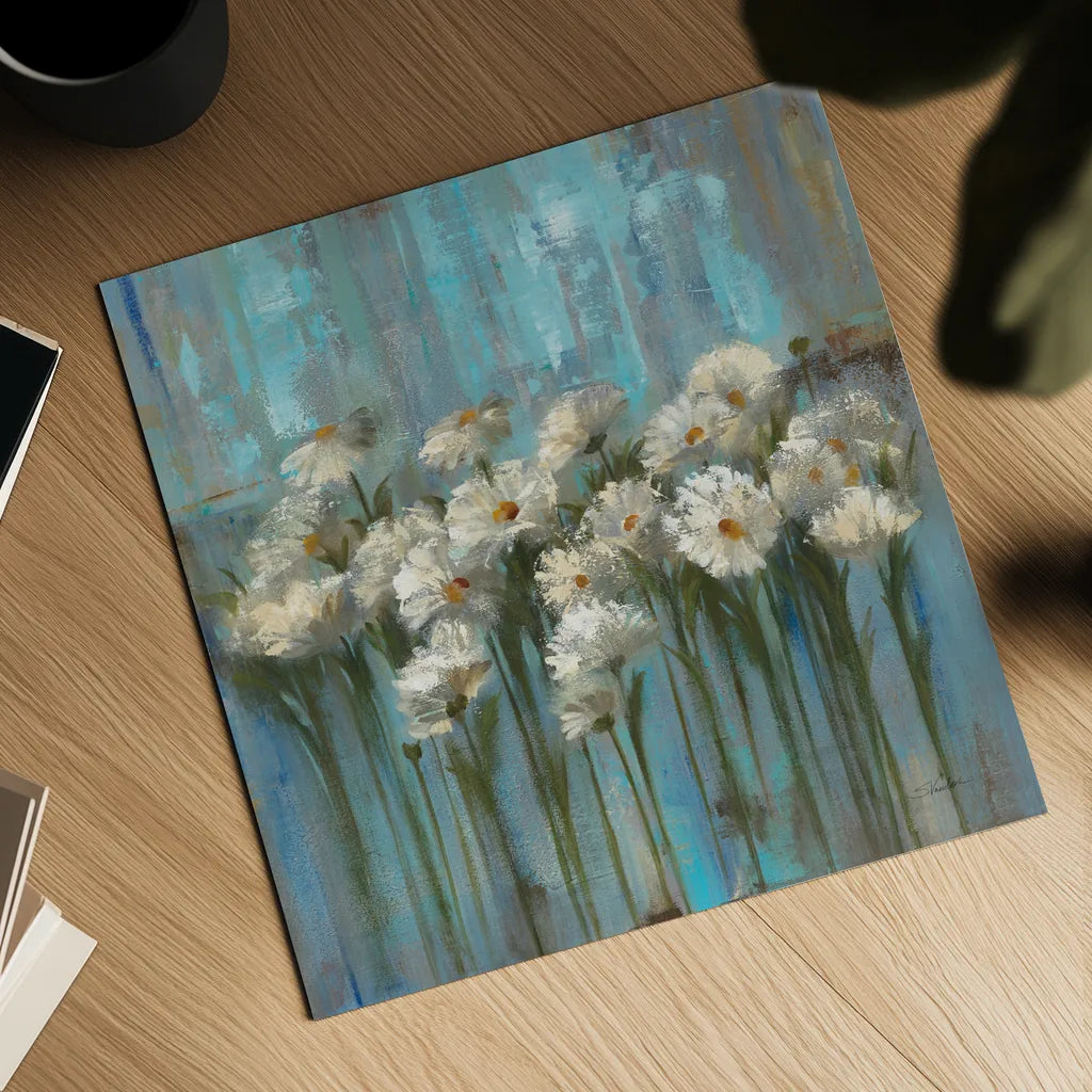 Daisies by the Lake Square by Silvia Vassileva. Shown as a detailed flat fine art print, highlighting archival giclee quality. Available as an archival giclee rolled canvas, fine art paper, or poster print. SKU 97639a.