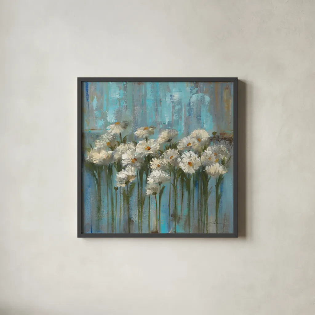 Daisies by the Lake Square by Silvia Vassileva. Shown in a sleek black glass frame for a contemporary gallery look. Available as an archival giclee rolled canvas, fine art paper, or poster print. SKU 97639a.