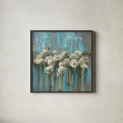Daisies by the Lake Square by Silvia Vassileva. Shown in a sleek black glass frame for a contemporary gallery look. Available as an archival giclee rolled canvas, fine art paper, or poster print. SKU 97639a.