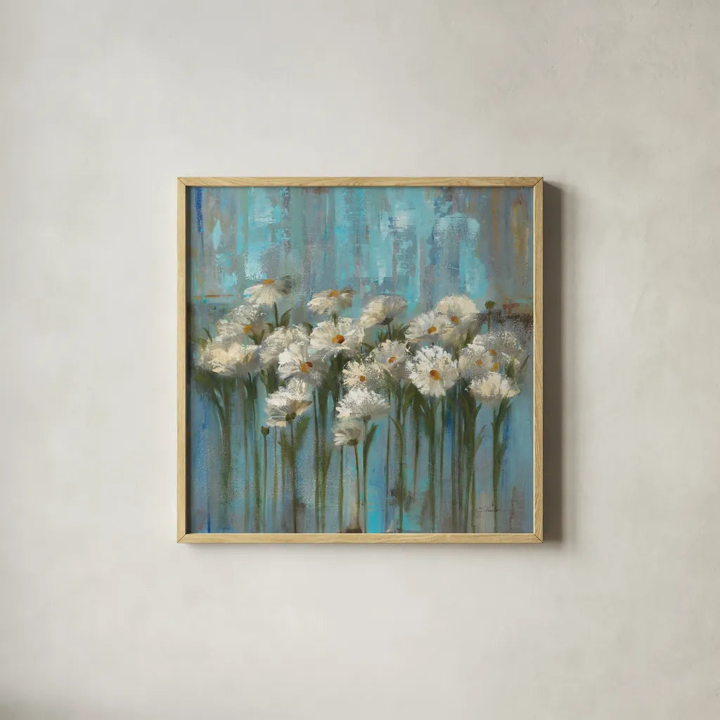 Daisies by the Lake Square by Silvia Vassileva. Shown in a natural wood glass frame for a timeless modern aesthetic. Available as an archival giclee rolled canvas, fine art paper, or poster print. SKU 97639a.