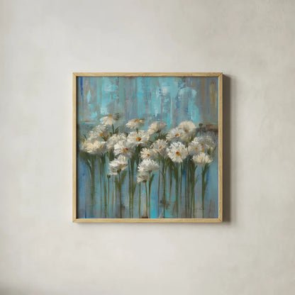 Daisies by the Lake Square by Silvia Vassileva. Shown in a natural wood glass frame for a timeless modern aesthetic. Available as an archival giclee rolled canvas, fine art paper, or poster print. SKU 97639a.