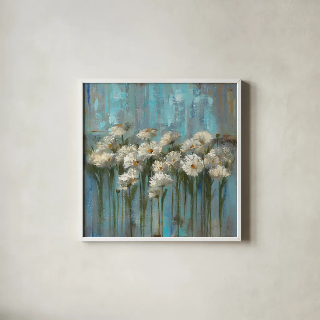 Daisies by the Lake Square by Silvia Vassileva. Shown in a crisp white glass frame for a clean and minimalist style. Available as an archival giclee rolled canvas, fine art paper, or poster print. SKU 97639a.