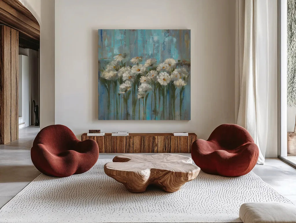 Daisies by the Lake Square by Silvia Vassileva. Shown as extra-large giant wall art in a modern living room. Available as an archival giclee rolled canvas, fine art paper, or poster print. SKU 97639a.