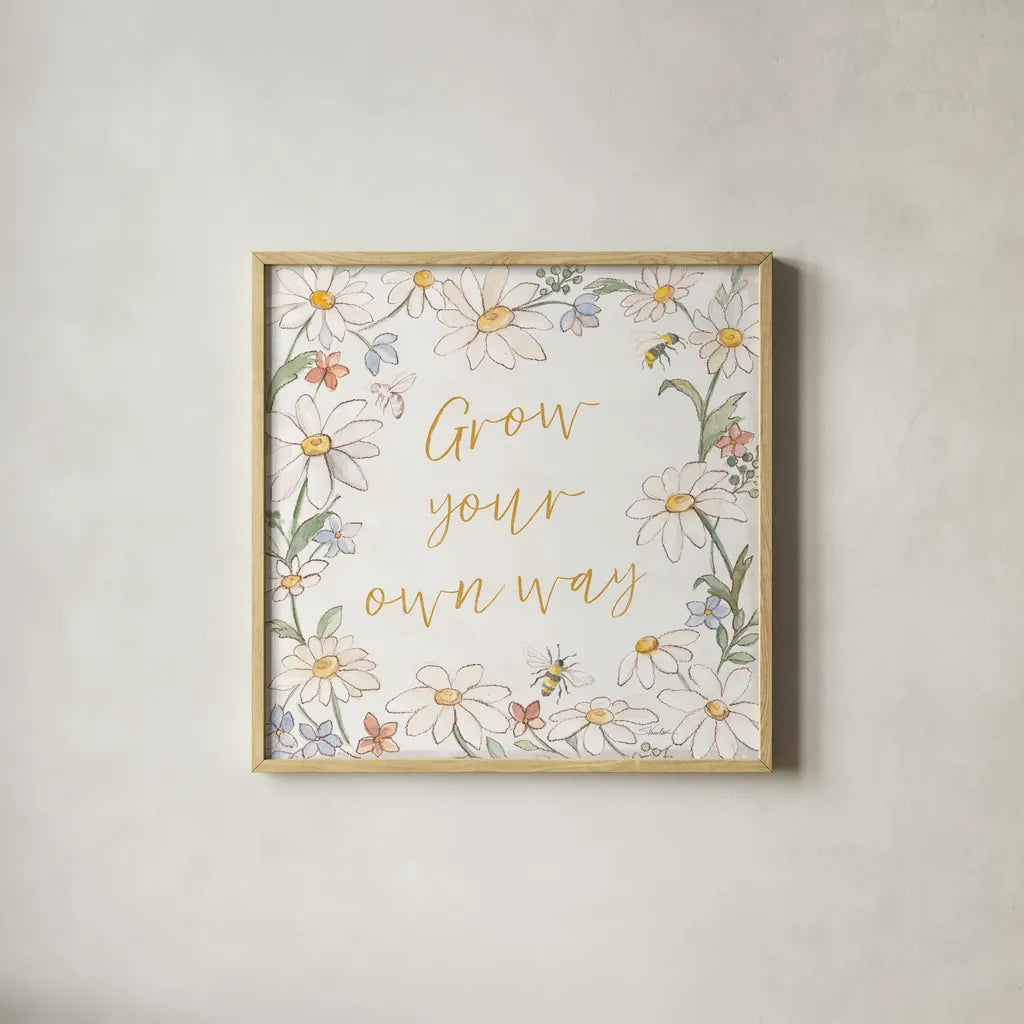 Daisy Field III by Silvia Vassileva. Shown in a natural wood glass frame for a timeless modern aesthetic. Available as an archival giclee rolled canvas, fine art paper, or poster print. SKU 81144a.