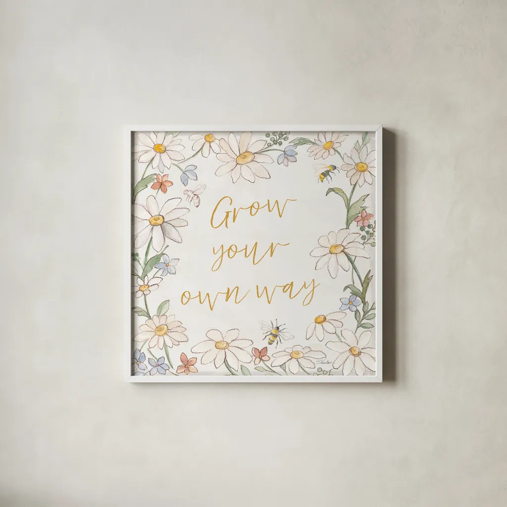 Daisy Field III by Silvia Vassileva. Shown in a crisp white glass frame for a clean and minimalist style. Available as an archival giclee rolled canvas, fine art paper, or poster print. SKU 81144a.