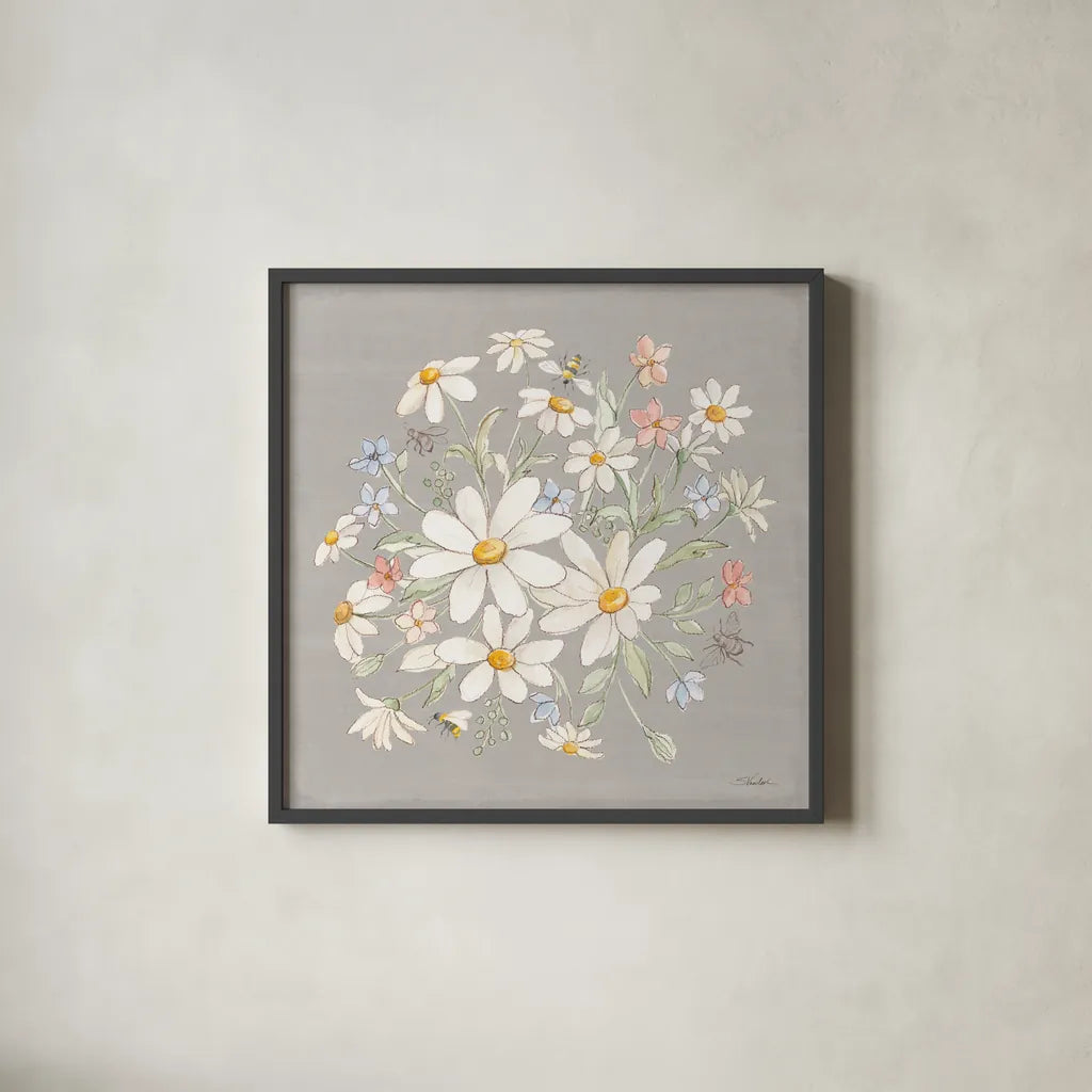 Daisy Field V by Silvia Vassileva. Shown in a sleek black glass frame for a contemporary gallery look. Available as an archival giclee rolled canvas, fine art paper, or poster print. SKU 81146a.