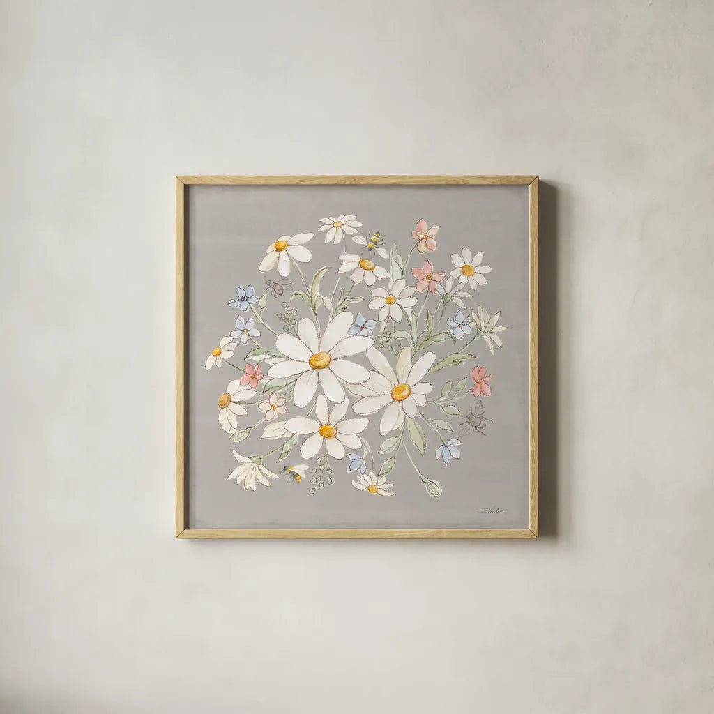 Daisy Field V by Silvia Vassileva. Shown in a natural wood glass frame for a timeless modern aesthetic. Available as an archival giclee rolled canvas, fine art paper, or poster print. SKU 81146a.