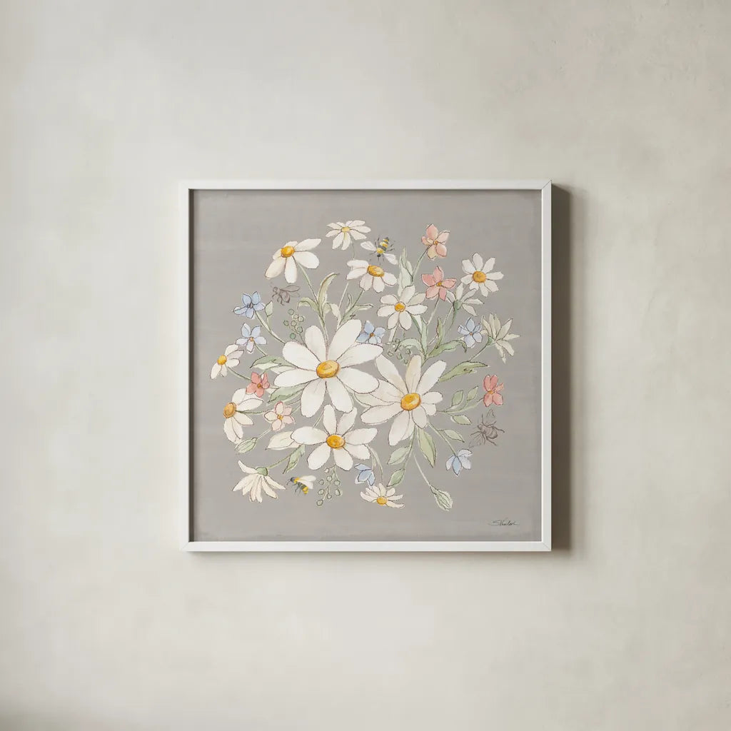 Daisy Field V by Silvia Vassileva. Shown in a crisp white glass frame for a clean and minimalist style. Available as an archival giclee rolled canvas, fine art paper, or poster print. SKU 81146a.