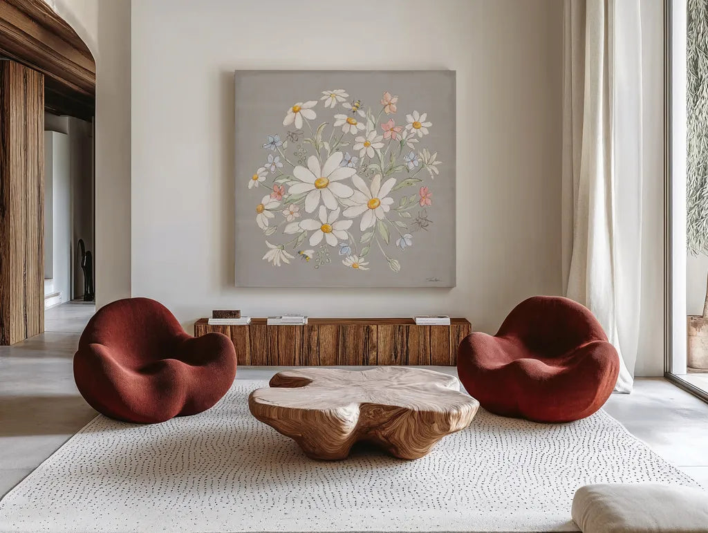 Daisy Field V by Silvia Vassileva. Shown as extra-large giant wall art in a modern living room. Available as an archival giclee rolled canvas, fine art paper, or poster print. SKU 81146a.