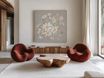 Daisy Field V by Silvia Vassileva. Shown as extra-large giant wall art in a modern living room. Available as an archival giclee rolled canvas, fine art paper, or poster print. SKU 81146a.