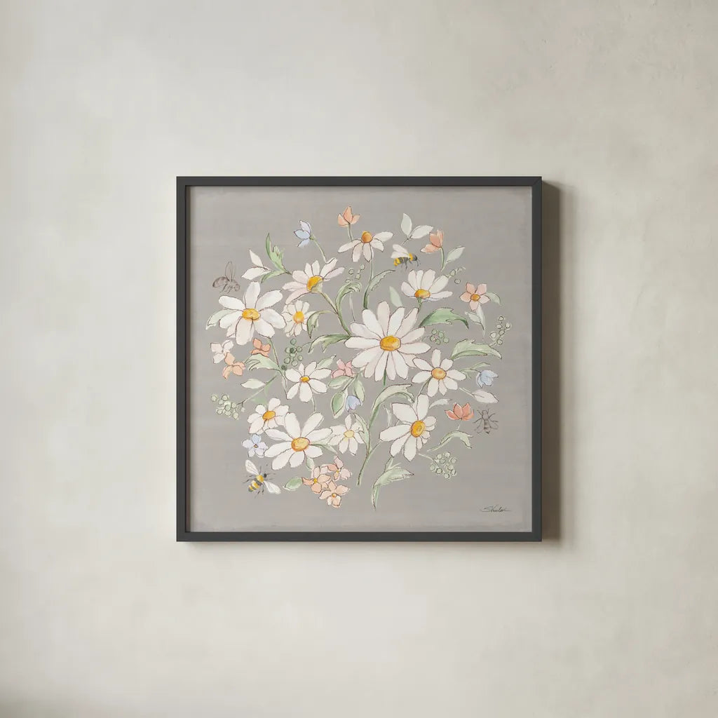 Daisy Field VI by Silvia Vassileva. Shown in a sleek black glass frame for a contemporary gallery look. Available as an archival giclee rolled canvas, fine art paper, or poster print. SKU 81147a.