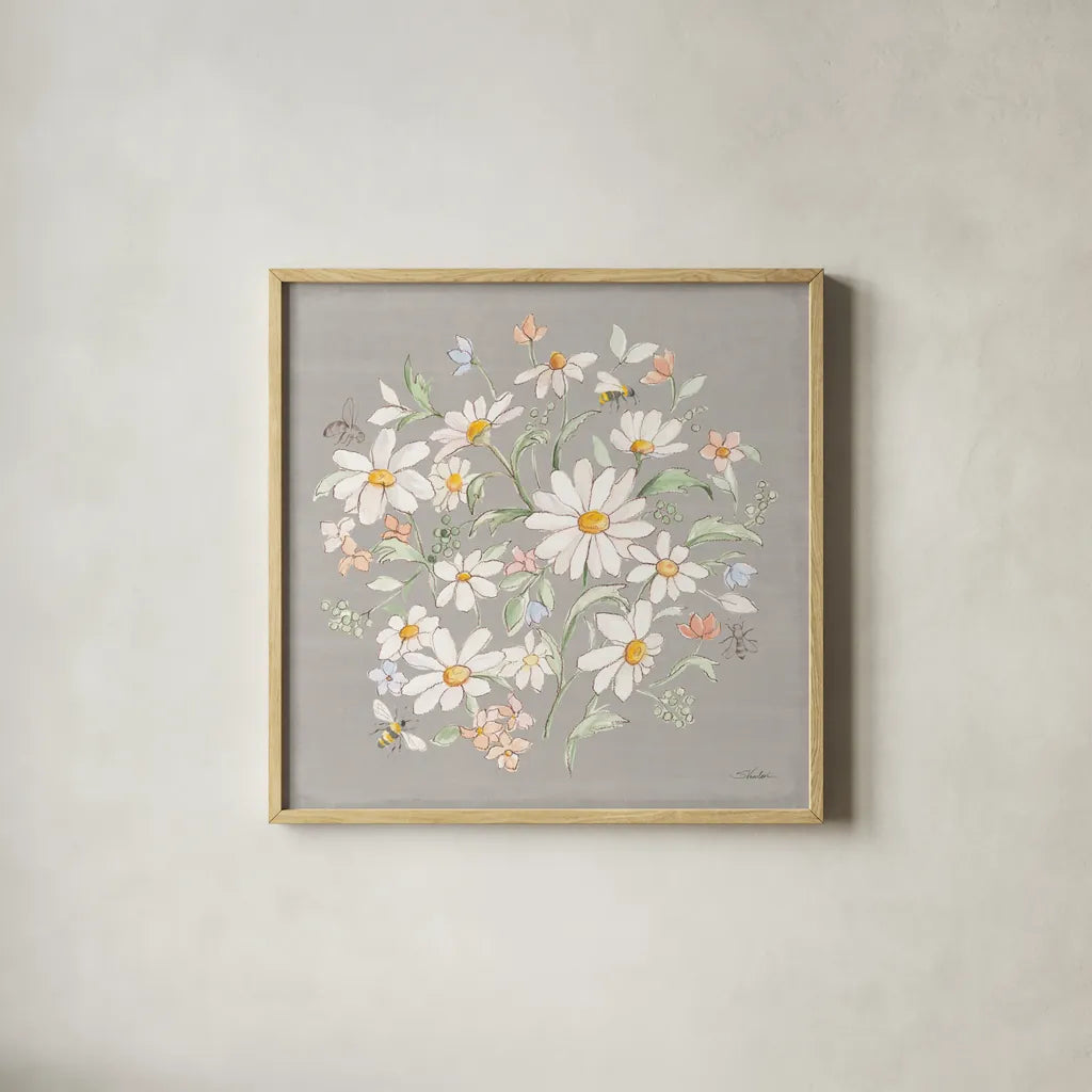 Daisy Field VI by Silvia Vassileva. Shown in a natural wood glass frame for a timeless modern aesthetic. Available as an archival giclee rolled canvas, fine art paper, or poster print. SKU 81147a.