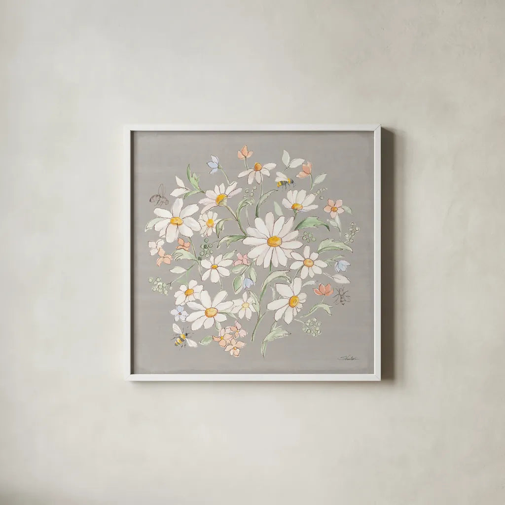 Daisy Field VI by Silvia Vassileva. Shown in a crisp white glass frame for a clean and minimalist style. Available as an archival giclee rolled canvas, fine art paper, or poster print. SKU 81147a.