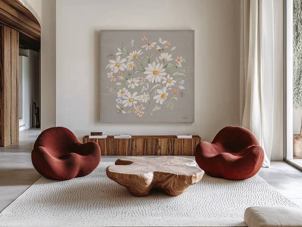 Daisy Field VI by Silvia Vassileva. Shown as extra-large giant wall art in a modern living room. Available as an archival giclee rolled canvas, fine art paper, or poster print. SKU 81147a.