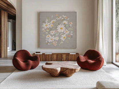 Daisy Field VI by Silvia Vassileva. Shown as extra-large giant wall art in a modern living room. Available as an archival giclee rolled canvas, fine art paper, or poster print. SKU 81147a.