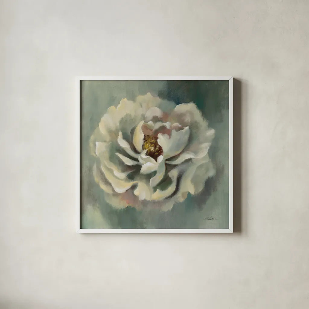 Dancing Petals by Silvia Vassileva. Shown in a crisp white glass frame for a clean and minimalist style. Available as an archival giclee rolled canvas, fine art paper, or poster print. SKU 68581a.
