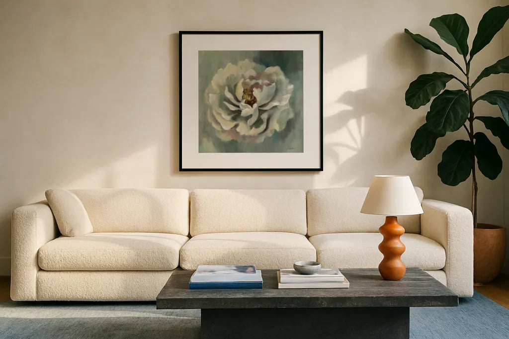 Dancing Petals by Silvia Vassileva. Displayed in a glass frame with matte in a clean modern living room. Available as an archival giclee rolled canvas, fine art paper, or poster print. SKU 68581a.